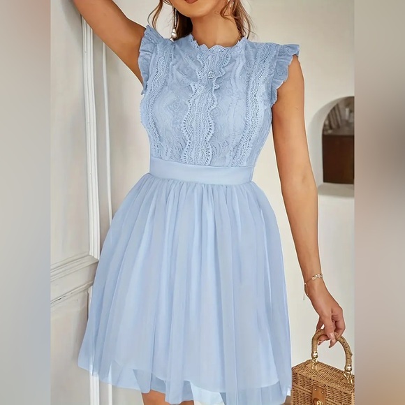 Simplee light blue sleeveless dress sheer lace bodice layered tulle skirt S/M - Picture 3 of 11